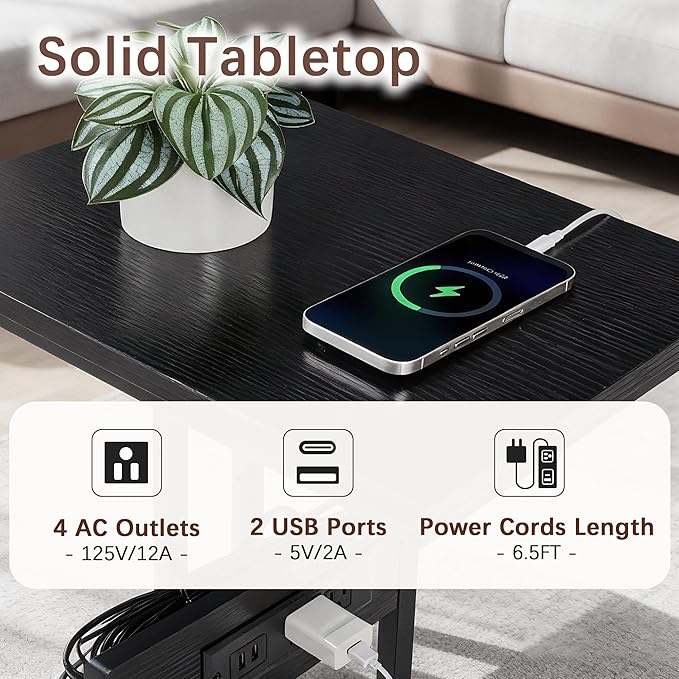 VECELO C Shaped End Side Table with Charging Station & Power Outlets for Couch Sofa/Bed, Snack TV Tray with Metal Frame for Living Room Bedroom 1 PCS, Black