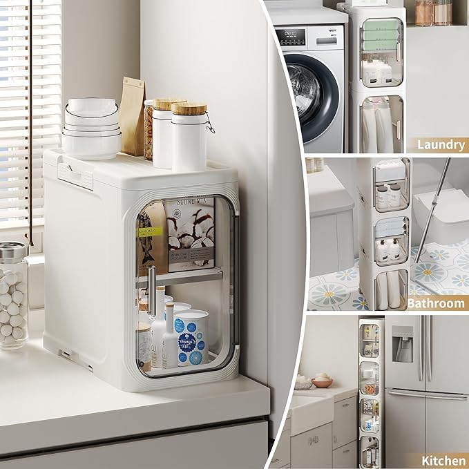3-Tier Tall Narrow Storage Cabinet, Slim Bathroom Storage Cabinet with Adjustable Shelves and Wheels, Narrow Organizer for Small Space, Bathroom, Kitchen, Laundry