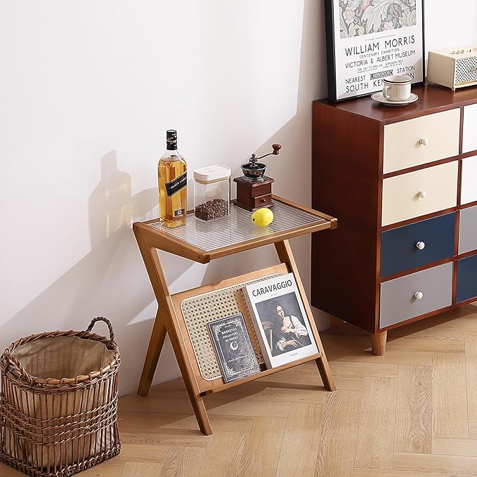 Tiita Rattan Nightstand Side Table, Bamboo Accent Bedside Tables, Glass Coffee Tables, Boho Wooden End Table with Storage for Small Space, Living Room and Bedroom