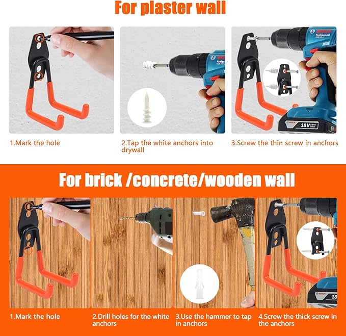 Heavy Duty Garage Storage Hooks, 2 Pack Utility Steel Garage Tool Organizer Wall Mount for Hanging Power and Garden Tools Ladders Hoses Bikes Ropes & Bulk Items