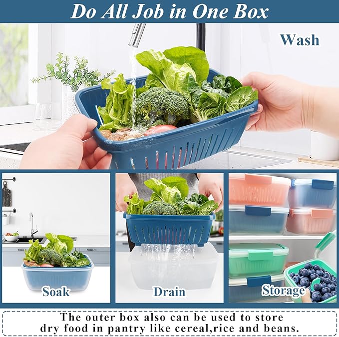 68oz Berry Keeper Fruit Storage Container for Fridge, Fresh Food Produce Saver Containers with Removable Drain Colander, Vegetable Lettuce Keeper Bowl Refrigerator Organizer, PRESS TO OPEN CLOSE LID