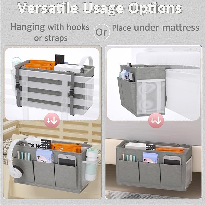 Dual-purpose Bedside Caddy Bedside Organizer, Bed Caddy with 6 Pockets, Versatile Bedside Storage Solution Magazine Remotes holder, ideal for Home, Dorm, Hospital, Crib Bed (Grey)