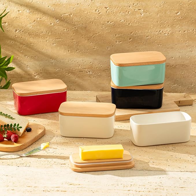 Sweese Large Butter Dish - Airtight Butter Keeper Holds Up to 2 Sticks of Butter - Porcelain Container with Beech Wooden Lid, White