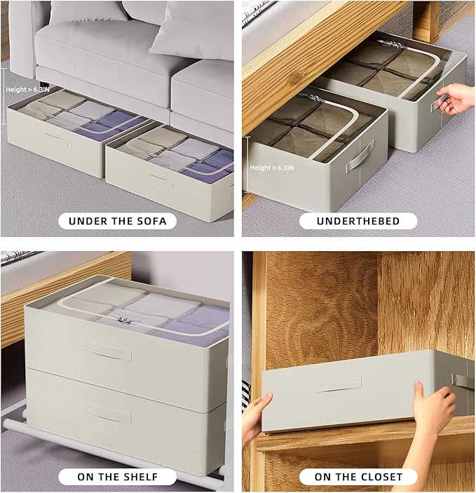 CYhom Under Bed Storage Bins Frame Storage Box Oxford Fabric Sturdy Underbed Container Foldable Stackable Large Capacity Clothes Organizer (Beige, 23.6" x 19.7" x 6.3")