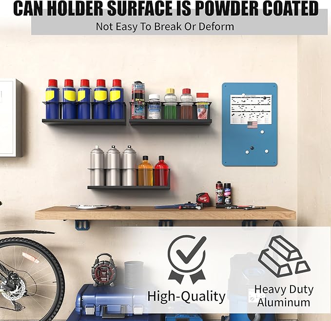4 Pack Wall-Mounted Spray Bottle Holder, Aerosol Spray Can Holder Storage Rack, Heavy-Duty Paint Bottle Organizer With 20 Holes, Steel Black Spray Rack for Garage, Shop, Home or Tool Trailer
