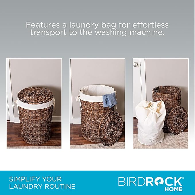 BIRDROCK HOME Seagrass Laundry Hamper with Lid & Liner - Handwoven Round Basket with Handles for Laundry/Dirty Clothes - Organizer, Storage, Shelves, Bin in Bathroom, Bedroom & Laundry Room - Espresso