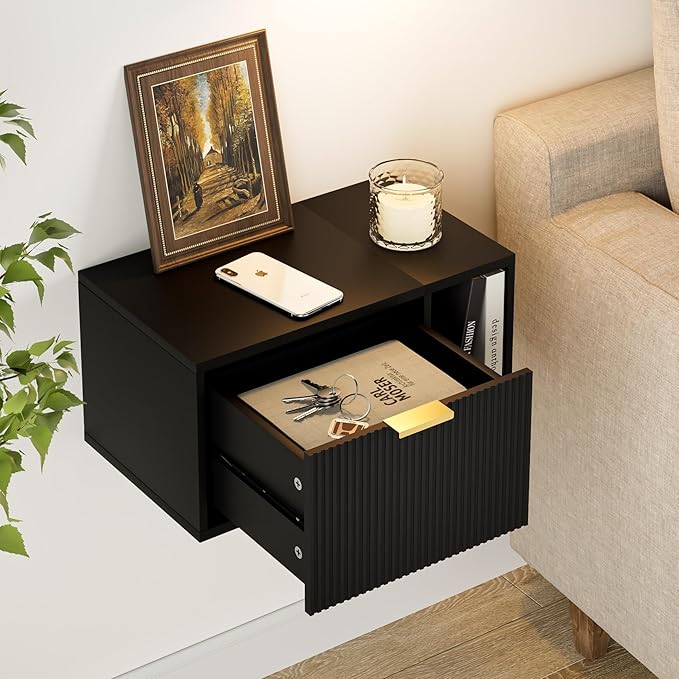 Masupu Floating Nightstand, Wall Mounted Floating Bedside Table with Storage Drawer and Open Shelf, Modern Bedroom Nightstand, 19.3" x 11.4" x 10", Black