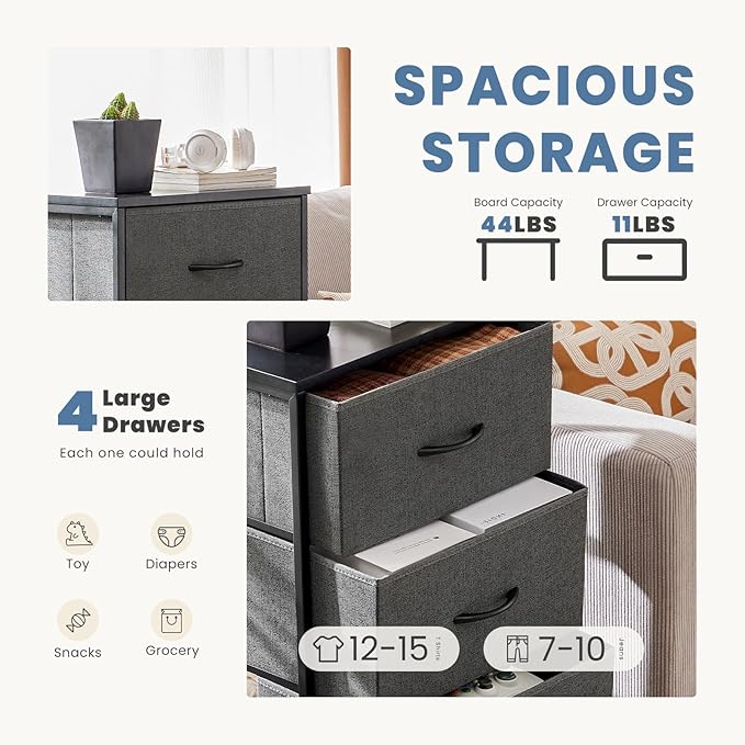 DUMOS Nightstand with 4 Drawers Bedside Table with Removable Fabric Bins Sturdy Steel Frame Wood Top Organizer Furniture for Bedroom Closet Living Room