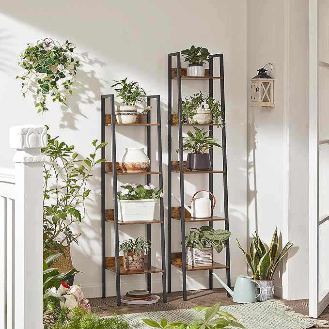 VASAGLE Bookshelf, 5-Tier Narrow Book Shelf, 11.8 x 13.3 x 66.9 Inches, Ladder Shelf for Home Office, Living Room, Bedroom, Kitchen, Rustic Brown and Ink Black ULLS109B01