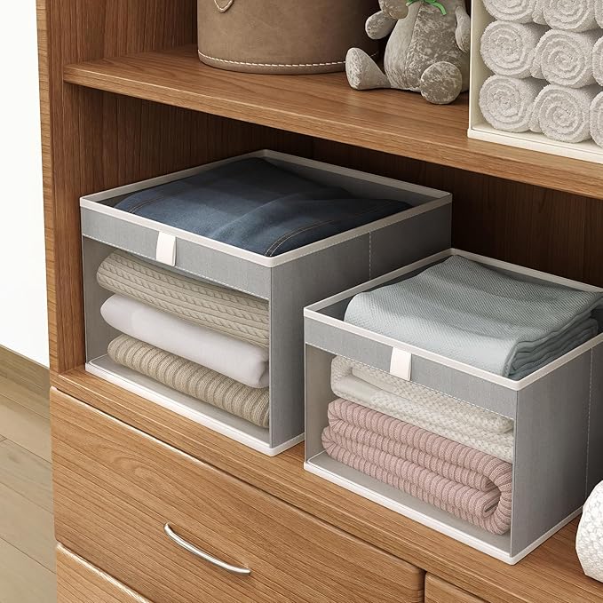 Linen Closet Organizers and Storage, Closet Storage Bins Basket Organizer, Foldable Organization Baskets with Mesh Window for Clothes Towels and Toys, 12.75" x 12.75" x 9", Gray, 2 pack