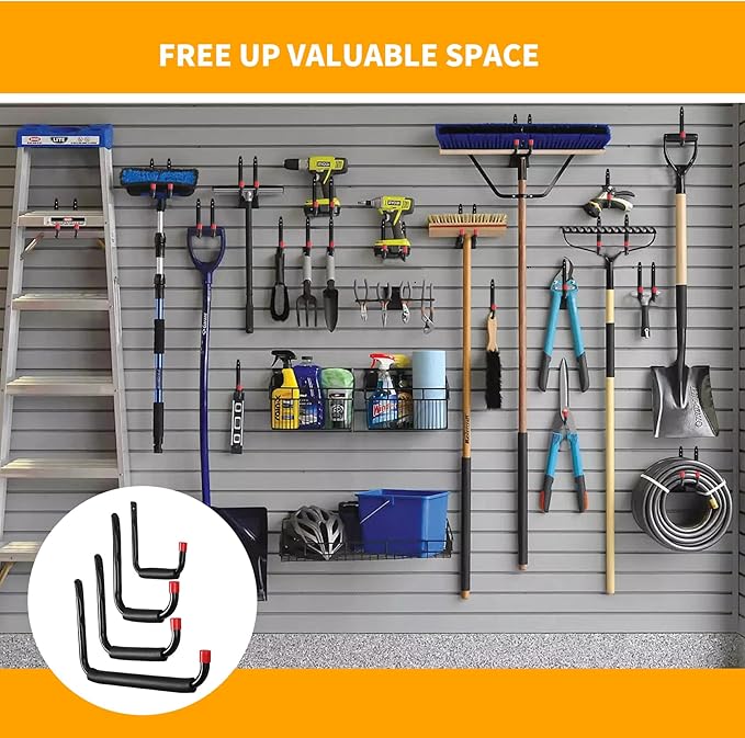 6 Pack Garage Hooks Heavy Duty, Utility Steel Hooks with EVA Foam Padding, 7.08inch Wall Mount J Organizer Hanger for Hanging Bikes Kayak Garden Tool Hose Bike Shelf