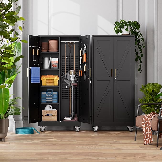 Black Broom Closet Storage Cabinet with Doors and 4 Shelves,Metal Cleaning Tool Cabinet with Pegboard,Hanging Rod for Brooms and Mops,Kitchen Pantry Storage Cabinet,Assembly Required