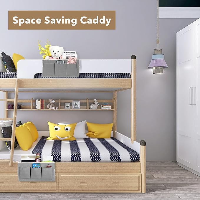 2pcs Bedside Caddy Storage Organizer, Hanging Bag Holder with Pockets for Bedroom, Loft Bed Tent, Bed Curtain, Top Bunk bed Shelf Accessories (Khaki)