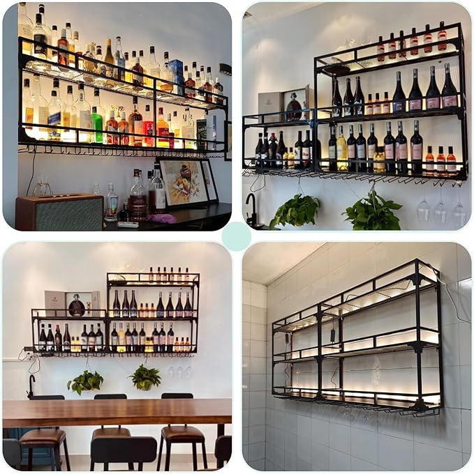 Wall Mounted Wine Rack, Wine Rack Wall Mounted with Wine Glass Rack, Metal Bar Bottle Display Shelf Wine Cups Hanging Holder, for Home Bar Cafe Dining Room Decoration (BLACK, 47.2*10*35.5IN)