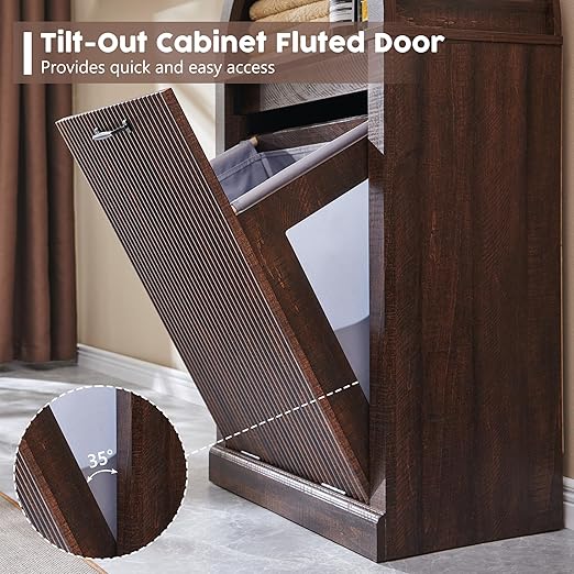 Arched Tilt-Out Trash Can Cabinet, Fluted 10 Gallon Trash Can Cabinet Set of 2, Modern Laundry Hamper, Hidden Garbage with Storage Basket for Kitchen, Living Room, Brown