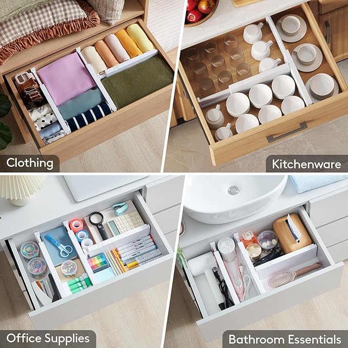 Lifewit 8 Pack Drawer Dividers 4" High,11-17" Adjustable Dresser Drawer Organizers for Clothes, Expandable Dresser Separators in Bedroom/Bathroom/Kitchen/Vanity/Office Organization and Storage, White
