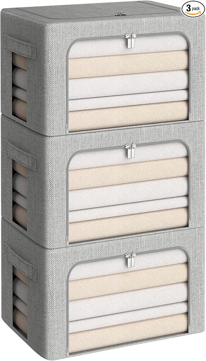 CYhom 3Pack Foldable Storage Bins - Frame Storage Box Linen Fabric Stackable Clothes Container Organizer with Clear Window & Carry Handles Large Capacity (Medium-36L, Light Grey)