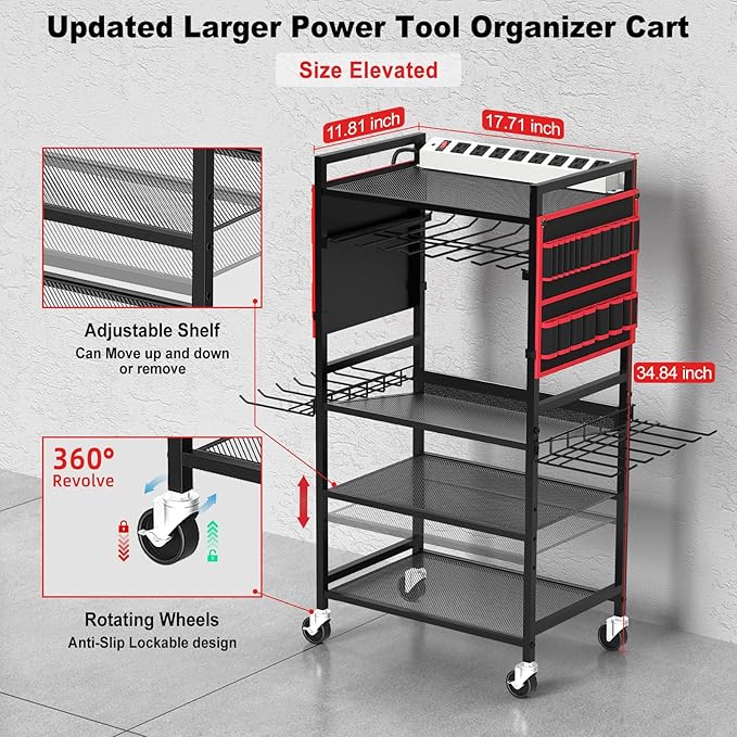 JUNNUJ Garage Large Power Tool Organizer Cart with 10 FT 20A Charing Station, Heavy Duty Drill and Tools Battery Holder Storage Rack, Floor Standing Rolling Tool Cart on Wheels, Red