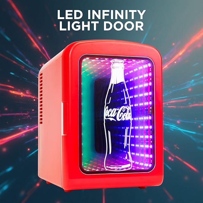Coca-Cola 4L / 6-Can Mini Fridge with Multi-Color LED Light – Portable Thermoelectric 12V DC/110V AC Quiet Cooler/Warmer for Bedroom, Office, Car & Gaming Room – Mini Refrigerator for Drinks Skincare