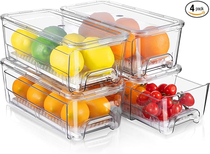 Large Fridge Organizer Drawers, 4 Pack Stackable Fruit and Vegetable Storage Containers, Clear Pull-Out Refrigerator Organizer Bins for Kitchen, Refrigerator, Pantry, Cabinet, Freezer