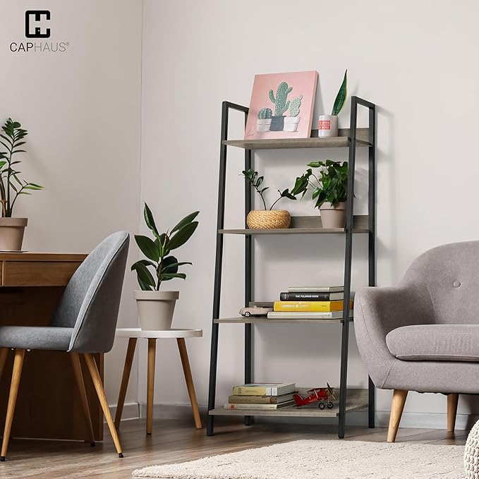 CAPHAUS 4 Tier Ladder Bookshelf, 24 Inch Width Free Standing Shelf, Bookcase Shelf Storage Rack Organizer, Industrial Book Shelves for Home Office, Living Room, Kitchen, Dark Grey Wooden Shelves