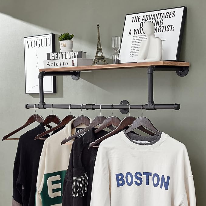 36In Industrial Pipe Clothing Rack with Top Shelf, Space-Saving Wall Mounted Clothes Rack, Shelf with Hanging Rod for Closet Storage, Laundry Room. (1T, Brown)…