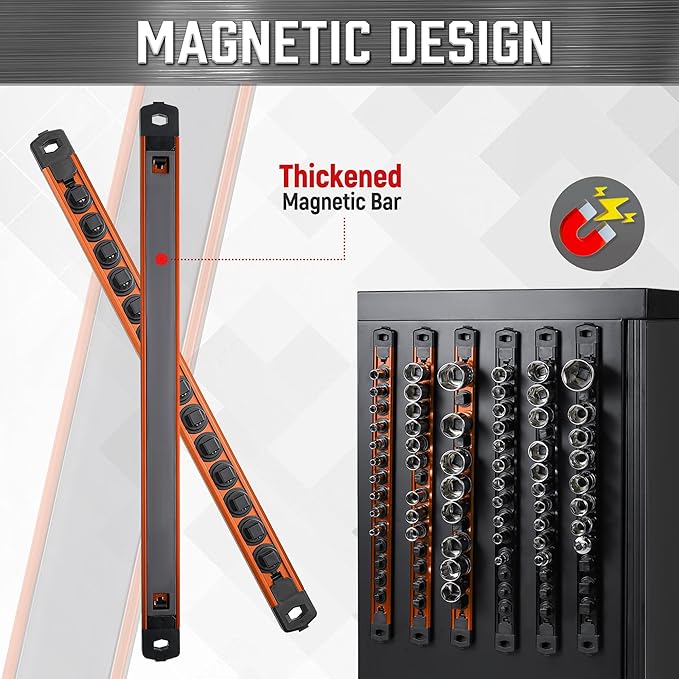 ALOANES 3-Piece Magnetic Rail Organizer, Heavy Duty Aluminum Rails, 360 Swivel Clips Socket Holder Kit for Tool Box, 1/2, 3/8, 1/4-Inch Socket Holder x 40 Clips (Orange)