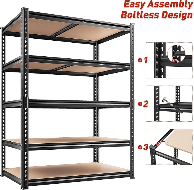 REIBII 2020LBS Storage Shelves 5 Tier Garage Shelving Heavy Duty, Adjustable Metal Shelving, Garage Shelves for Basement, Warehouse, Pantry, Closet, Kitchen 72" H x 35.55" W x 16" D, Black, 3 Pack