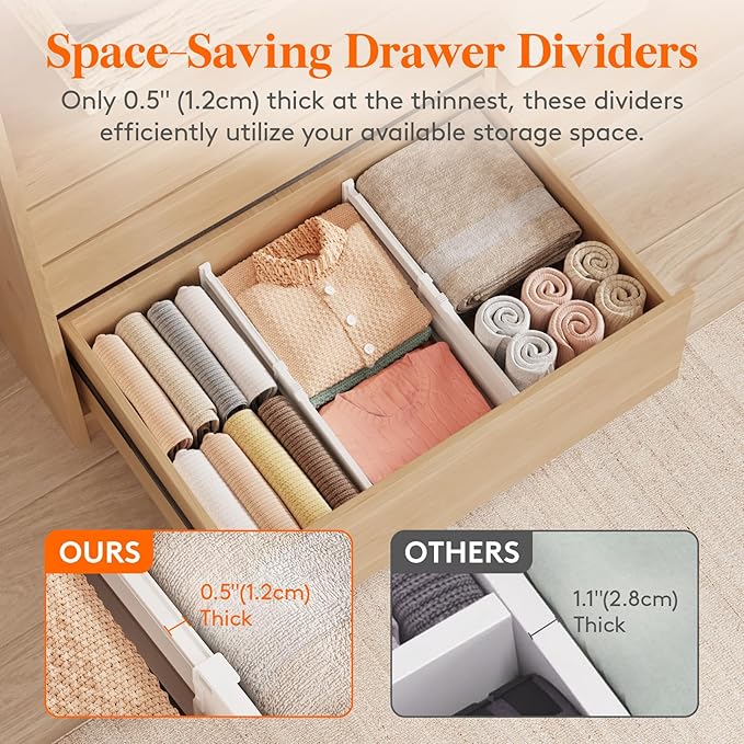 Lifewit 8" High 6 Pack Deep Drawer Dividers, 13.8-22.5" Adjustable Dresser Drawer Divider, White Drawer Organizer for Clothes, Tall Drawers Separators for Dresser, Kitchen, Bedroom, Cabinet, Office