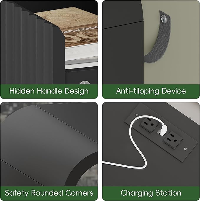 Black Nightstands Set of 2 with Charging Station, Mid Century Modern End Tables & Bedside Tables, Fluted Wood Small Night Stands with 2 Hidden Drawers and Storage Shelf for Bedroom