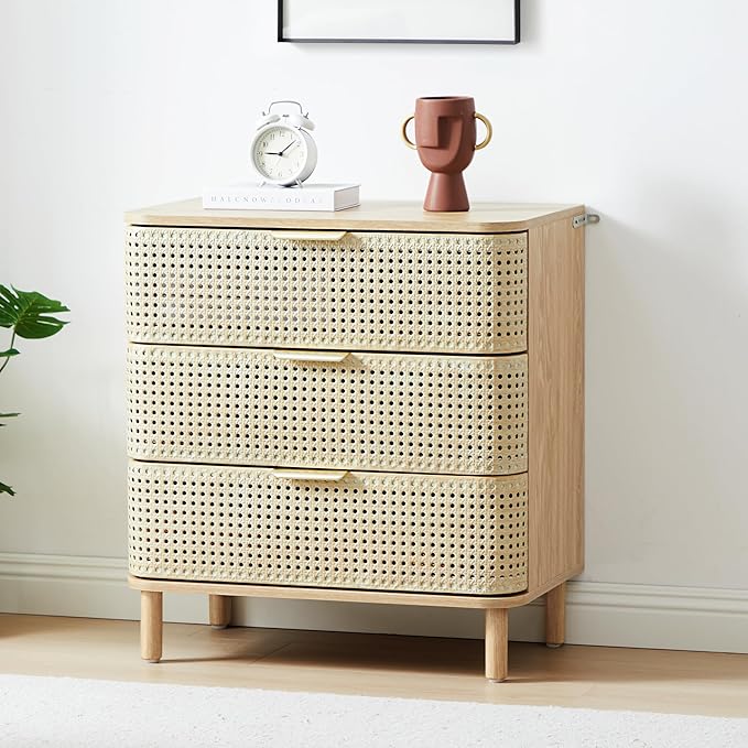 ORRD 3 Drawer Dresser, Modern Iron Rattan Cabinet Dresser for Bedroom, Large Nightstand Accent Storage Chest of Drawers for Living Room, Bedroom - Natural