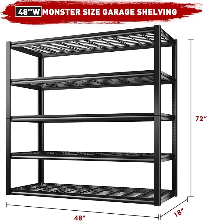 REIBII 48" W Garage Shelving Heavy Duty Load 2500LBS, 5 Tier Storage Shelves, Adjustable Metal Shelves for Warehouse, Pantry, Basement, 48" W X 72" H X18 D