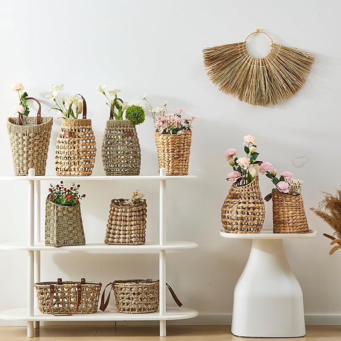 Woven Front Door Basket Water Hyacinth Wall Hanging Basket Decorative Boho Mounted Organizer for Dried Flower Plants Storage Basket for Garden, Home, and Farmhouse Décor (C_Hyacinth)