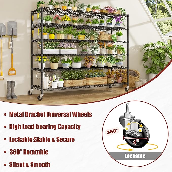 PrimeZone 6 Tier 80.7"H x 55.5"W x 24"D Wire Shelving with Wheels 3600lbs NSF Certified Storage Shelves Heavy Duty Metal Shelf Adjustable Rolling Rack Commercial Garage Restaurant Warehouse Kitchen