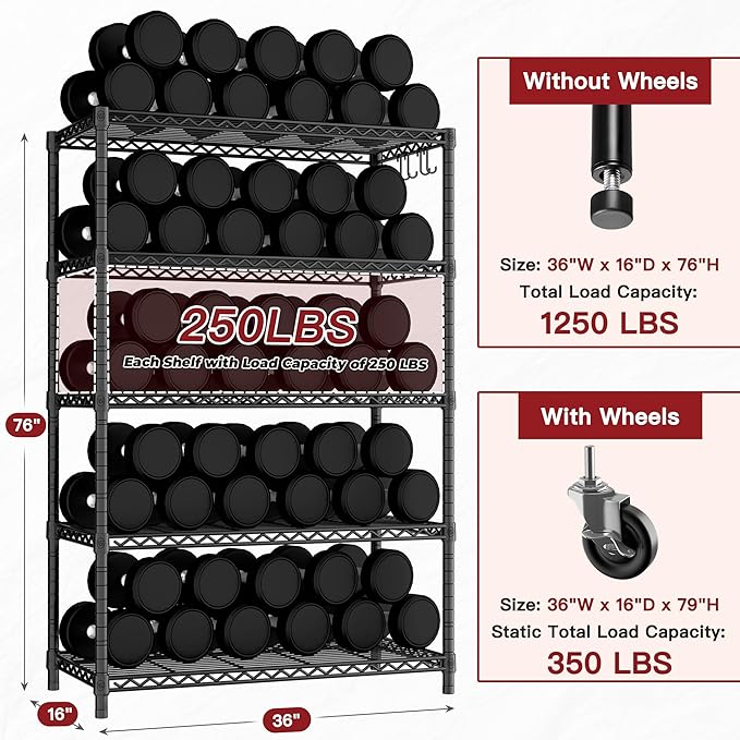 PrimeZone 3 Packs 36" W x 16" D x 79" H Wire Storage Shelves with Wheels, 5 Tier NSF Certified Heavy Duty Adjustable Kitchen Shelving Unit, Pantry Organizer Rack Rolling Metal Shelf for Garage Closet