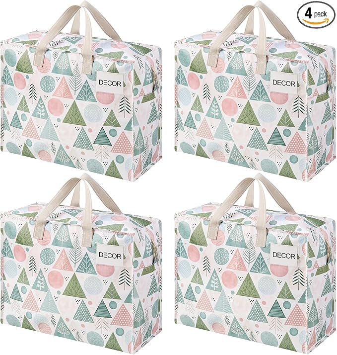 VENO 4 Pack Heavy Duty Moving Bags, Storage Bags, Packing Supplies, Top Zipper, Storage Totes for Camping, Clothes, Bedding, Comforters, Pillows, Christmas Pattern (13 Gallon, Pastel Forest, 4 Pack)