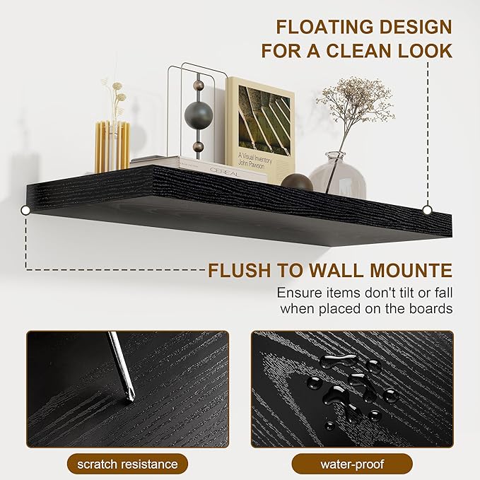 72 Inch Floating Shelves 2 Pack, 8 Inch Deep Floating Shelf Wall Mounted, Large Shelves with Invisible Bracket for Books|Storage, Rustic Wood Wall Shelf for Bedroom, Kitchen, Living Room, Black