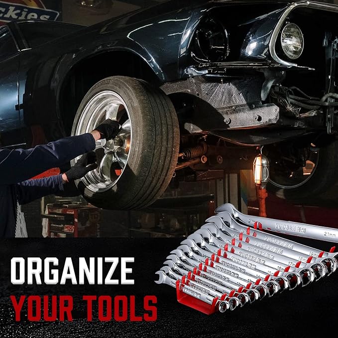 ALOANES 104-Slot Metal Wrench Organizer, Heavy Duty Wrench Organizer Tray for Tool Box, Professional Fit SAE & Metric Wrench Storage, 8 Pack Wrench Holders(Red&Black)