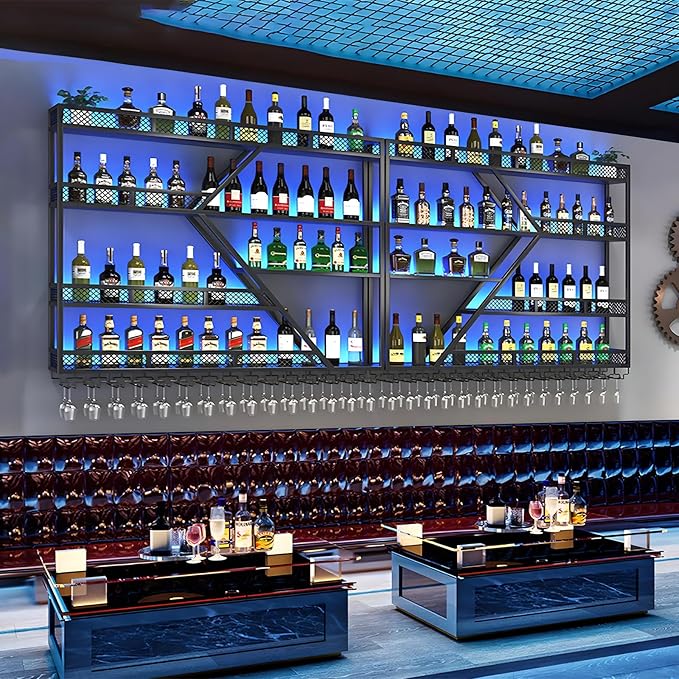 63in Metal Wine Rack Wall Mounted, Modern Wine Storage Rack Wall Mounted with Wine Glass Holder, Liquor Shelf, Bar Shelves for Liquor Bottles (4 Tiers Black, 63 * 7.87 * 48.5INCH)