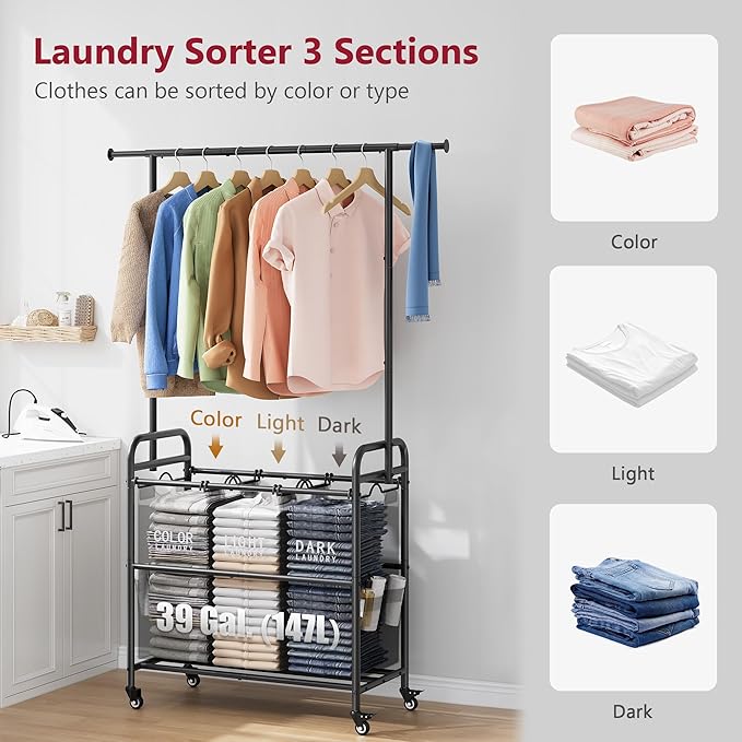 Tajsoon Laundry Sorter Cart with Hanging Rack, Laundry Sorter 3 Section, Laundry Hamper with Heavy Duty Rolling Lockable Wheels, Black