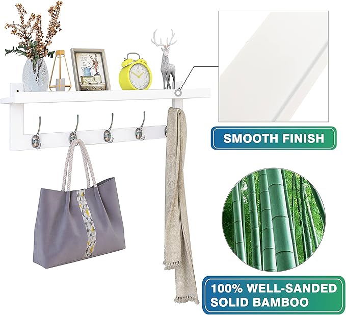 SMIBUY Coat Hooks with Shelf Wall-Mounted, 29.2 Inch Entryway Coat Rack for Wall, Bamboo Hanging Shelf with 5 Double Metal Hooks for Bathroom, Bedroom, Kitchen, Living Room, Mudroom (White)