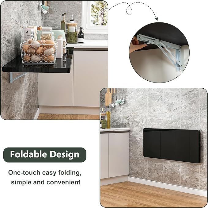 Clikuutory Wall Mounted High Gloss Folding Table, Wall Desk Fold Down for Small Spaces, Folding Workbench for Laundry Room, Home Office, Kitchen, Bedroom, Home Bar, Black (47.2"×19.7")