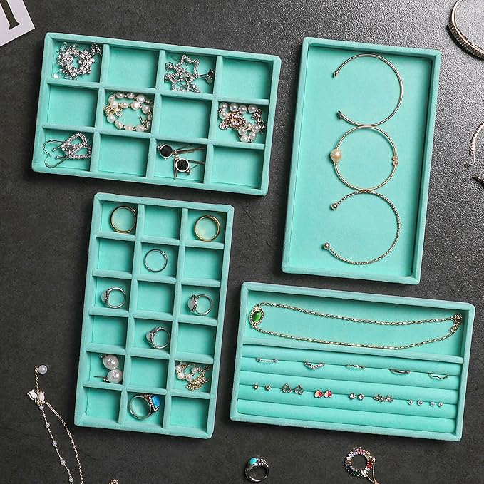 Frebeauty Jewelry Organizer Tray,Stackable Velvet Jewelry Trays,Drawer Inserts Earring Organizer For Women Jewelry Storage Display Case for Rings Stud Necklaces,Set of 4(Turquoise)