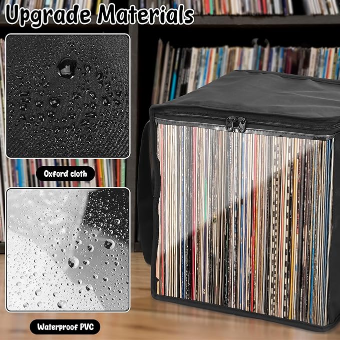 1/4 Pcs Vinyl Record Storage Box with Lid and Handles, Oxford Cloth Record Album Storage Crate, Foldable and Stackable Record Organizer Storage Case for Collecting Valuable Album (2PCS)