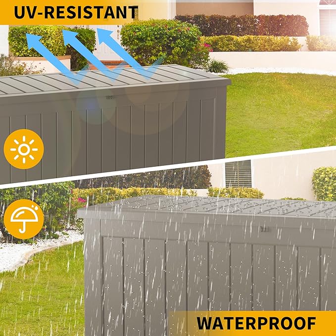 200 Gallon Deck Box, Resin Outdoor Indoor Waterproof Storage Box, Lockable Storage Box With Handle for Patio Furnitures - Garden Tools - Swimming Pool Tools UV Resistant (Grey, 200Gal)