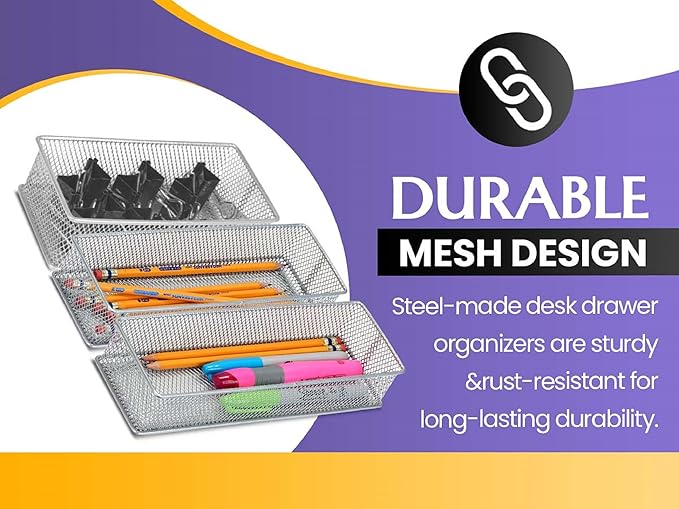 YBM HOME Silver Mesh Drawer Cabinet and or Shelf Organizer Bins, School Supply Holder Office Desktop Organizer Basket (2, 3x6x2 Inch)