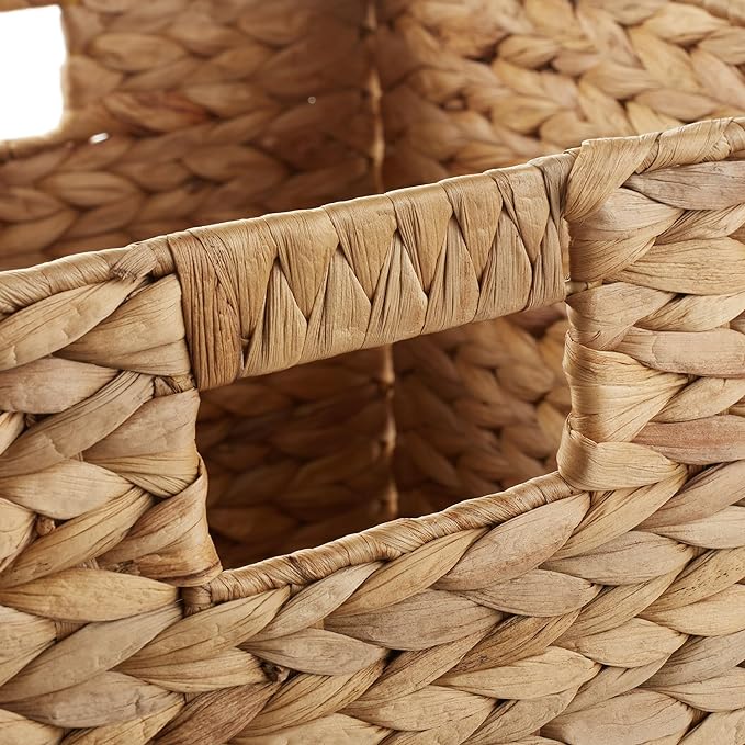Casafield 13" x 13" Water Hyacinth Storage Baskets, Natural - Set of 4 Collapsible Cube Organizers, Woven Bins for Bathroom, Bedroom, Laundry, Pantry, Shelves