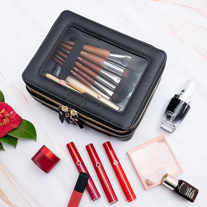 Aveniee Clear Makeup Bags,Double Layer Cosmetic Bags with Separate Brush Compartment,Large Travel Toiletry Bag Cosmetic Case,Travel Accessories Organizer for Women,2 Layers,Black