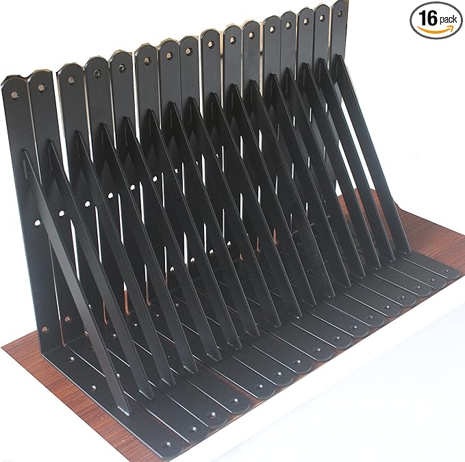16 Pack L12 x H 8" Black Heavy Duty Shelf Brackets with Screws Metal Shelf Brackets Shelf Support Angle Brackets for Shelves L Brackets Heavy Duty Floating Shelf