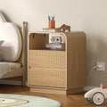 Dresser with 2 Drawers and Charging Station, Fluted Bedside Table with Round Curved Corner, Hidden Handles, 2 AC Outlets and 2 USB Ports, Modern Wood End Table with Open Shelf for Bedroom